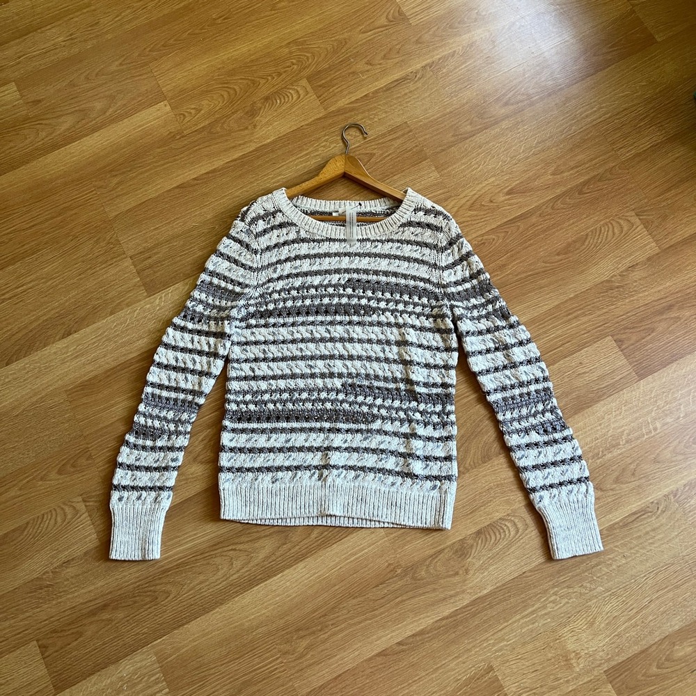 Caslon Womens XL Striped Open Knit Crochet Sweater Metallic Taupe Cream Cotton